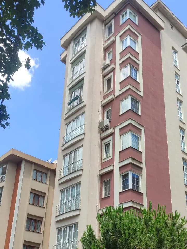 Çatı katı ve köşe çıkmaları; sol önde ağaç dalları.